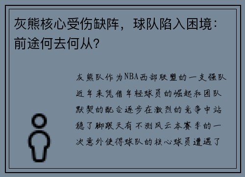 灰熊核心受伤缺阵，球队陷入困境：前途何去何从？